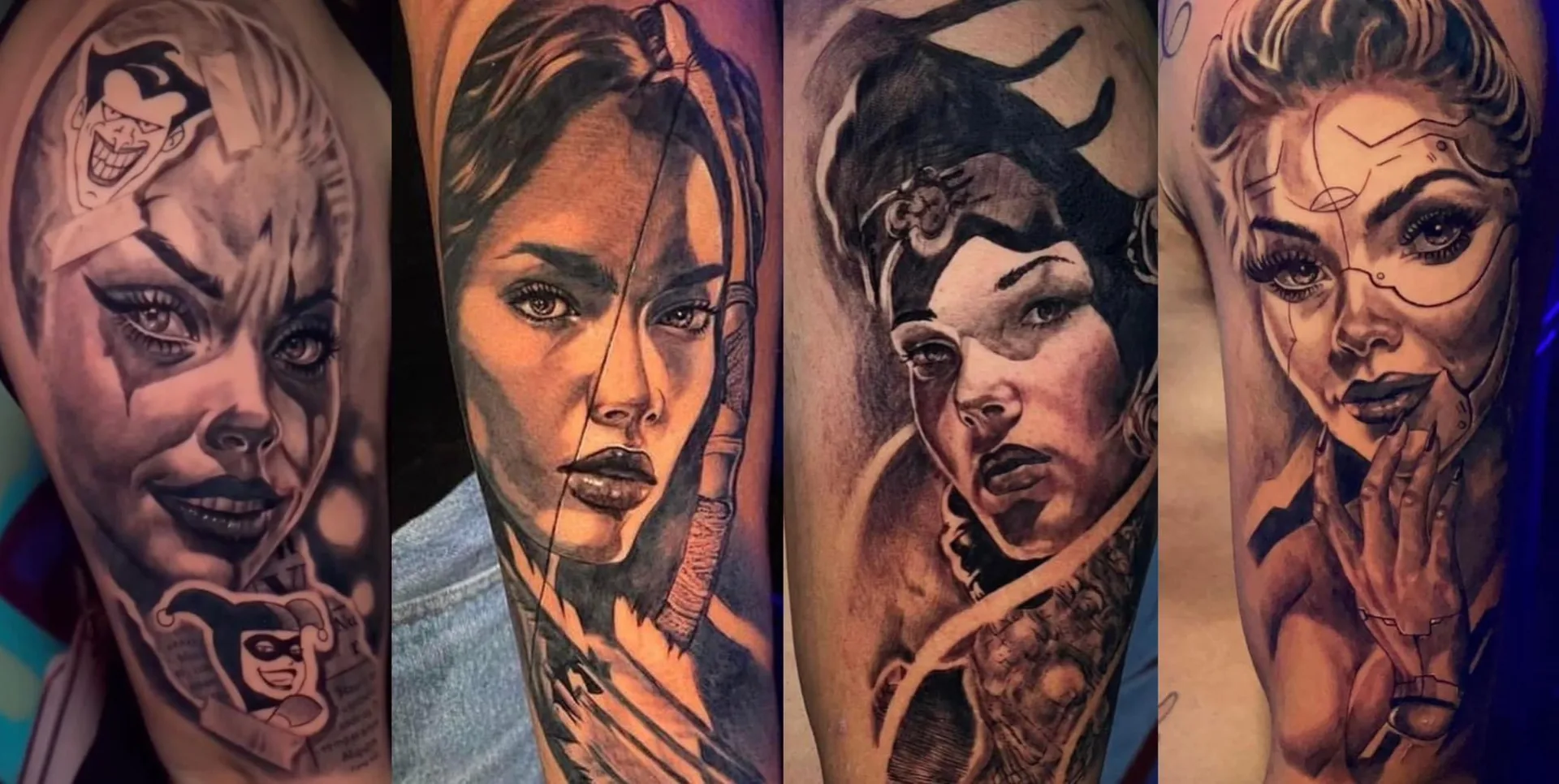 Cuatro tatuajes de retrato realista en blackandgrey hechos por Jacky Lossan en su estudio de Tláhuac, CDMX