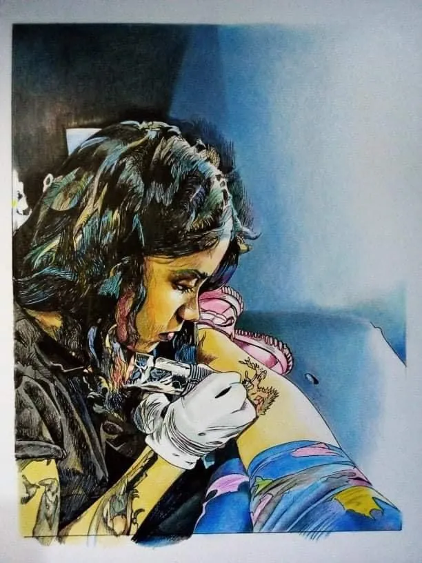 Retrato pintado por Jacky Lossan como estudio de luz y color previo al tatuaje realista
