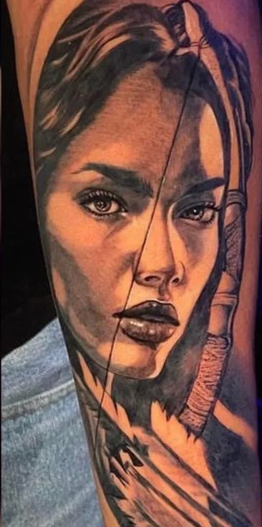 Tatuaje de retrato realista en escala de grises de un rostro femenino en antebrazo, hecho en Tláhuac, CDMX